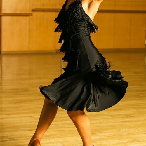 Women's black tassels competition latin dance dresses stage performance modern dance salsa chacha rumba samba dance dresses